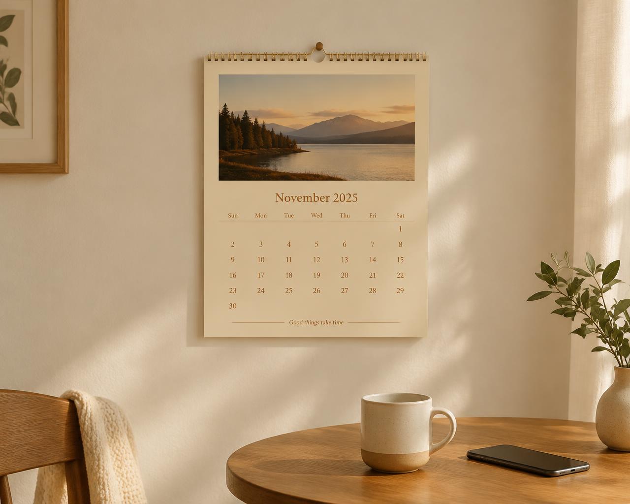 A personalized MyCal IRL wall calendar hanging above a kitchen table